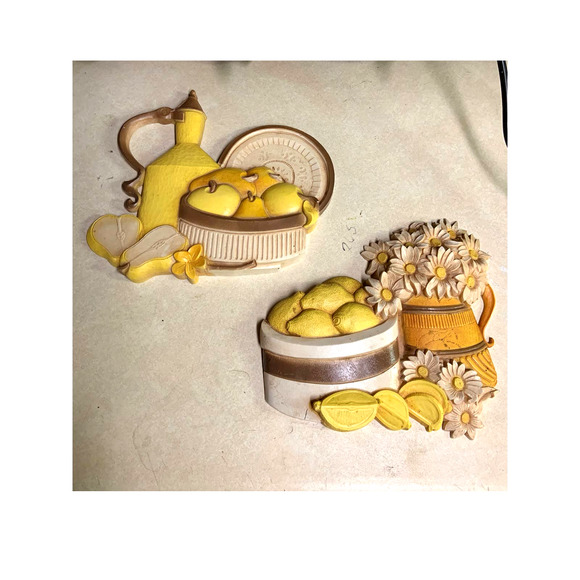 Vintage 80s Pair of Homco Syroco Lemons & Pears Fruit Basket Kitchen Wall Decor - Picture 1 of 6